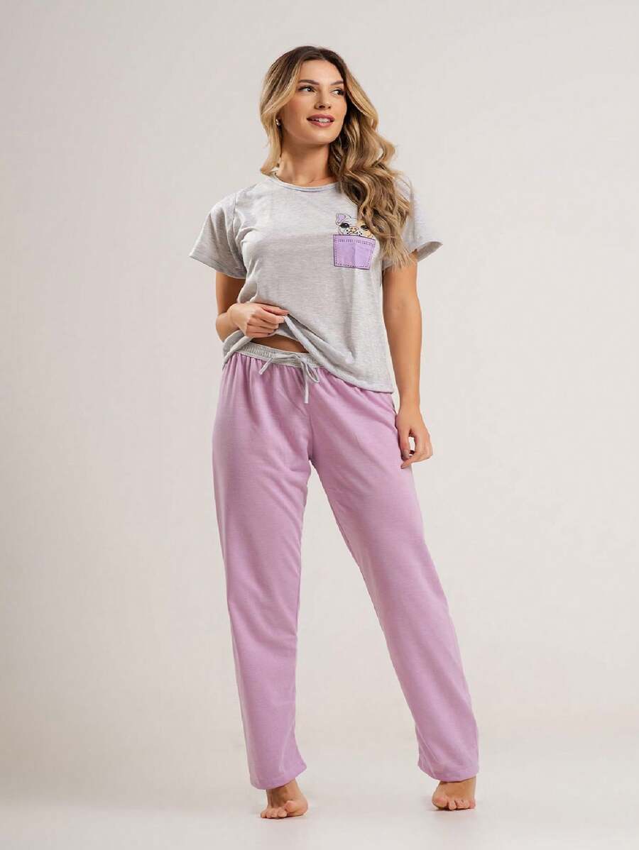 Women's Pajamas With Short Raglan Sleeves And Long Trousers In Comfortable Mesh, Dyeu Night Line - Màu đỏ tím - Xem 1