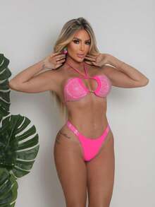 Summer Luxury Rhinestones Rhinestones Tie-Up Bikini Double Lining - Màu Hồng Tươi - Xem 9