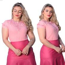 Women's Short Sleeve Formal Blouse, Evangelical Fashion, Lace, Rhinestones - Màu hồng gỉ - Xem 7