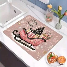 1 Stück Küchen Theke mit Motiv des Weihnachtsschlittens in Rosa Weihnachtsthema, mit saugfähiger Abwasch-Matte und Feinfaser-Abwasch-Matte - Verschiedenfarbig - Übersicht 12