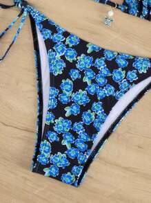 Fashionable Floral Printed Sexy Halter Tie Side Bikini Set, Hot Beach Swimwear, For Summer Vacation
