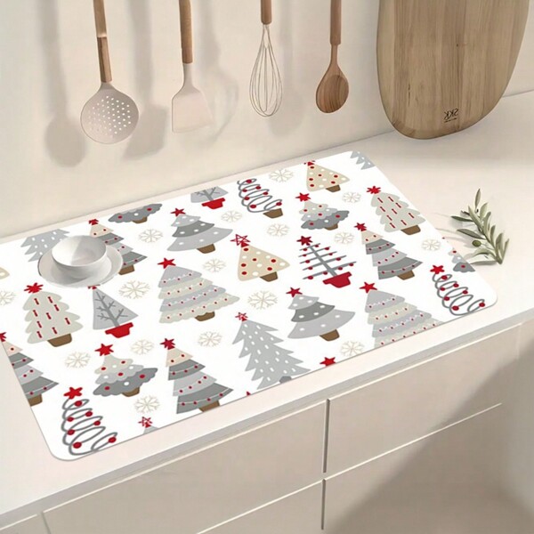 1 szt. Dekoracja o tematyce świątecznej, Unikalny nadruk z motywem choinki, Mata do suszenia na blacie kuchennym, Super chłonna, ultracienka mata do suszenia w kuchni, Mata do suszenia ubrań
