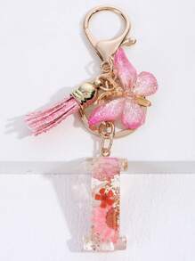 1pc New Dried Flower Crystal Epoxy Flower Letter Keychain, Fashion Bag Charm Tassel Butterfly Keyring Halloween Gift Souvenir Car Accessories School Cute Goth Y2k - Pink - View 27