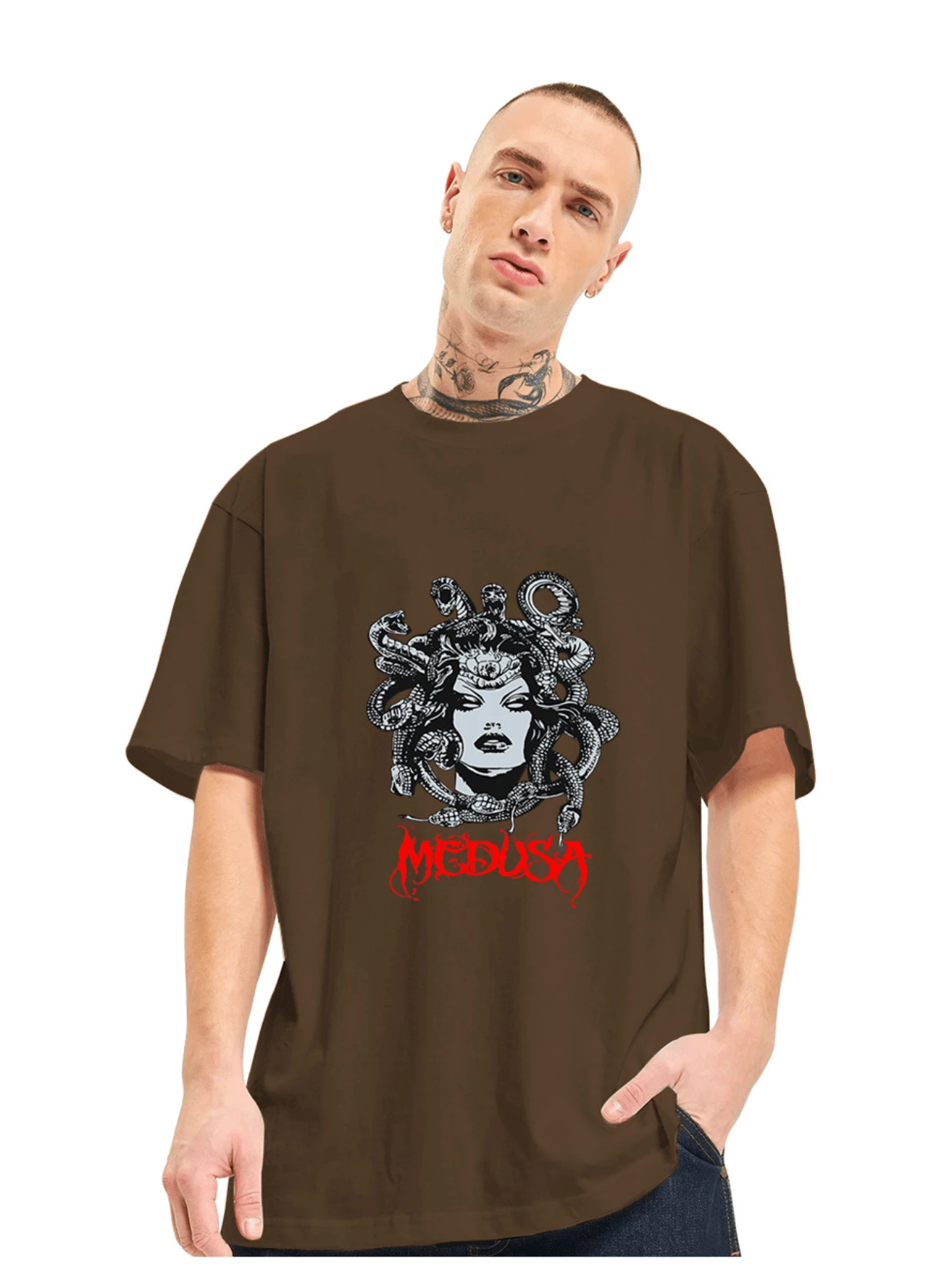 Medusa Streetwar Unisex Basic Cotton Oversized T-Shirt - 鏽棕色 - 查看 1