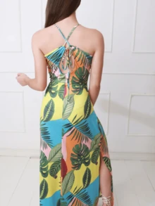 Evas Summer Printed Mesh Dress With Straps - Yellow - View 4