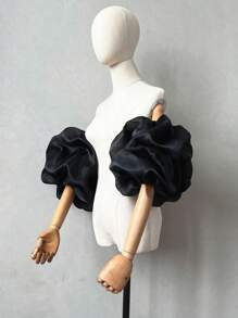 1 双白色欧根纱泡泡袖云朵袖，带弹性袖口，新娘短袖袖口