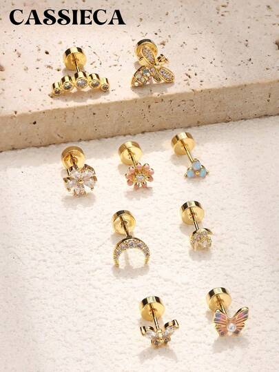  CASSIECA 1PC Cartilage Earrings Stud For Women Surgical Steel Flat Back Earrings Opal Butterfly Flower CZ Cartilage Earrings Tragus Helix Piercing Jewelry