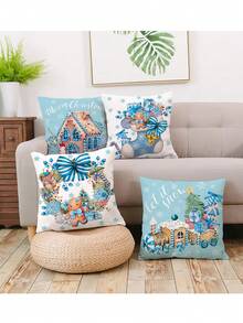 4 vỏ gối sofa vải nhung polyester phong cách Giáng sinh màu xanh mới - Màu xanh lam - Xem 3
