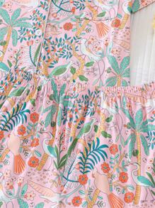 2pcs Women Floral & Bird Print Pajama Set, Short Sleeve Shirt With Lapel Button And Loose Elastic Waist Shorts, Festive Party Sleepwear, Contrast Trim Stylish, Comfortable Casual Homewear,Two Pieces Set