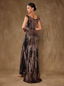 女士露肩亮片装饰优雅晚礼服，黑色正式舞会礼服，适合婚礼嘉宾、毕业典礼、晚宴 - 黑色 - 查看 3