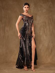 女士露肩亮片装饰优雅晚礼服，黑色正式舞会礼服，适合婚礼嘉宾、毕业典礼、晚宴 - 黑色 - 查看 6