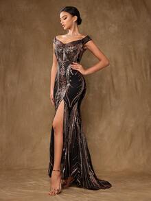 女士露肩亮片装饰优雅晚礼服，黑色正式舞会礼服，适合婚礼嘉宾、毕业典礼、晚宴 - 黑色 - 查看 5