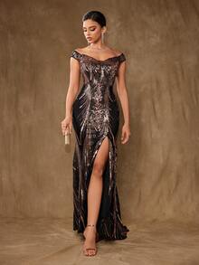 女士露肩亮片装饰优雅晚礼服，黑色正式舞会礼服，适合婚礼嘉宾、毕业典礼、晚宴 - 黑色 - 查看 4