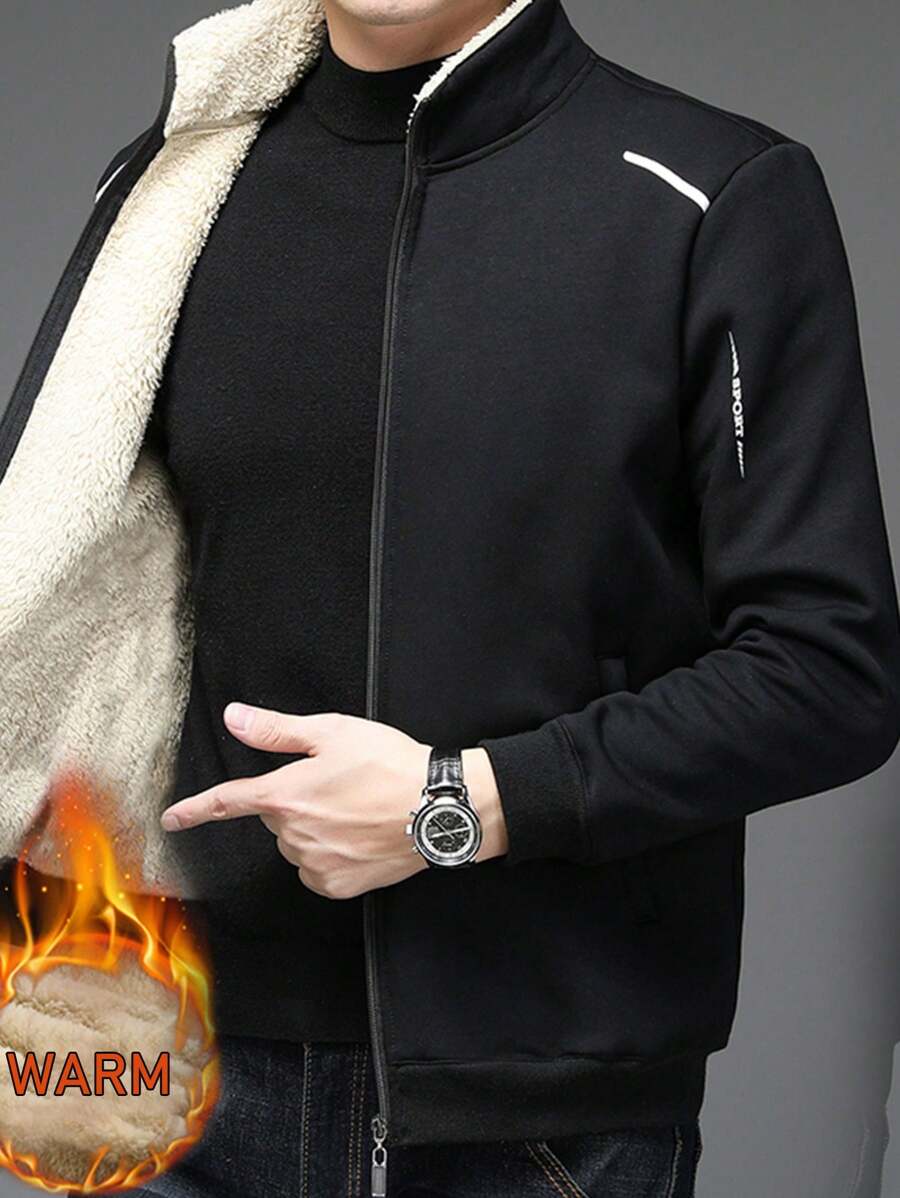 Plus Fleece Thick Stand Collar Mid-Aged Dad Jacket, Windproof Warm Outdoor Sports Zip-Up Pockets Coat For Boyfriend Style Men