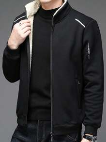 Plus Fleece Thick Stand Collar Mid-Aged Dad Jacket, Windproof Warm Outdoor Sports Zip-Up Pockets Coat For Boyfriend Style Men