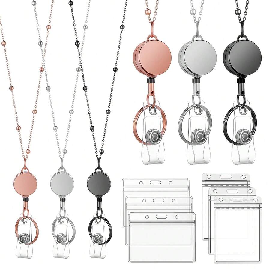 3 Packs Necklace Lanyard With Retractable Badge Reel Card Holders,Perfect For Nurses & Office Workers Back To School - Multicolor - View 1
