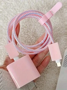 5件套粉色数据线保护套，兼容 14 Pro Max/13/12/11，TPU充电线保护套带理线器，适用于18W/20W充电器，保护配件，情侣理想礼物 - 粉色 - 查看 2