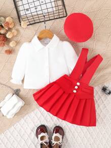 3pcs/Set Autumn/Winter Baby Girl Vintage White Rose Buttoned Shirt & Red Suspender Skirt & Beret Hat - Red - View 2