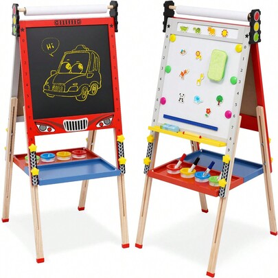 Kids Art Easel, Foldable Wooden Easel For Kids 3 In 1 Kids Easel With Paper Roll, Adjustable Height Chalkboard & Whiteboard For Kids Toddlers Birthday Holiday Gifts.