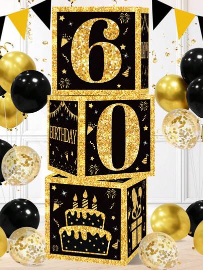 3pcs 27cm Black & Gold Happy Birthday Party Backdrop Decor Box, 60th Birthday Party Room Wall Backdrop Decorations, Black & Gold Balloon Filled Box, Christmas