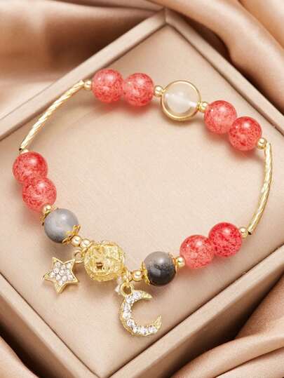 1個精美的櫻花兒童手鐲 水晶花珠製成 可調節手鐲 手工少女派對時尚飾品