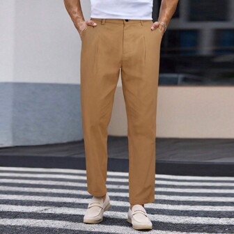 1 件男士休闲拉链纽扣开合直筒裤，适合春季