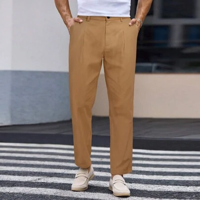 1 件男士休闲拉链纽扣开合直筒裤，适合春季