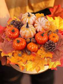 50 件秋季装饰人造南瓜和葫芦套装，假南瓜，松果，橡子和枫叶，秋季婚礼装饰，用于收获南瓜桌，人造南瓜金南瓜套装万圣节南瓜装饰，用于感恩节南瓜道具，圣诞节 - 彩色 - 查看 2