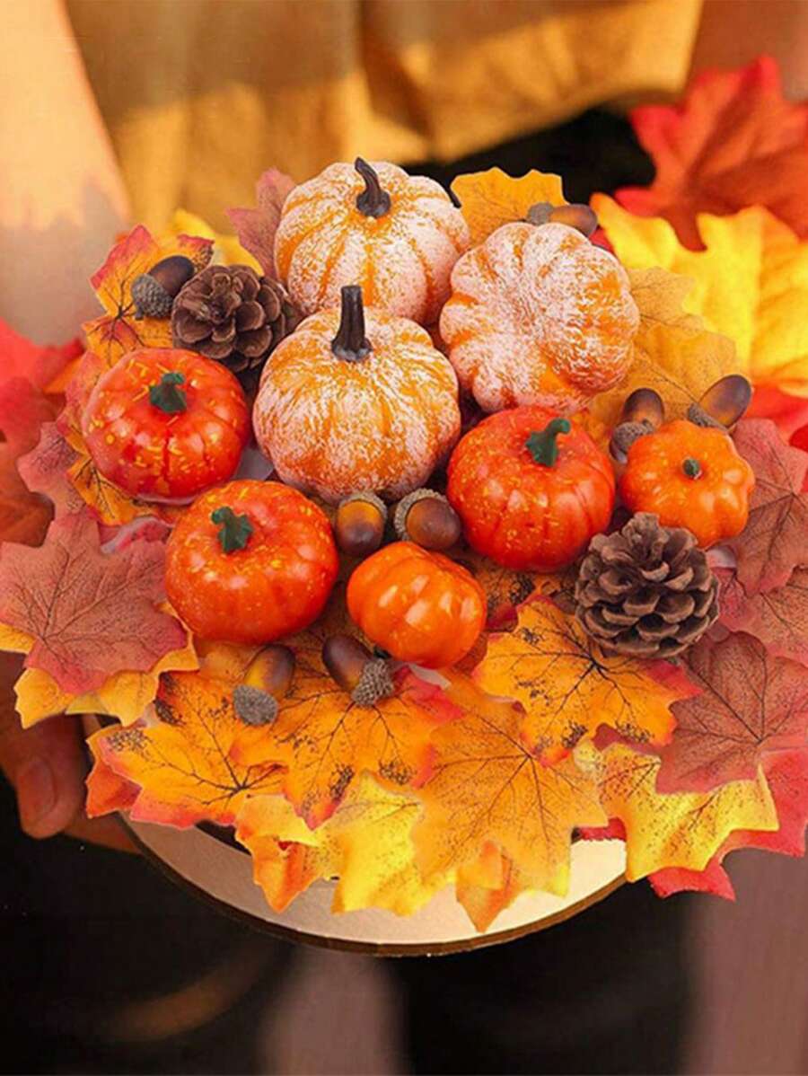 50 件秋季装饰人造南瓜和葫芦套装，假南瓜，松果，橡子和枫叶，秋季婚礼装饰，用于收获南瓜桌，人造南瓜金南瓜套装万圣节南瓜装饰，用于感恩节南瓜道具，圣诞节