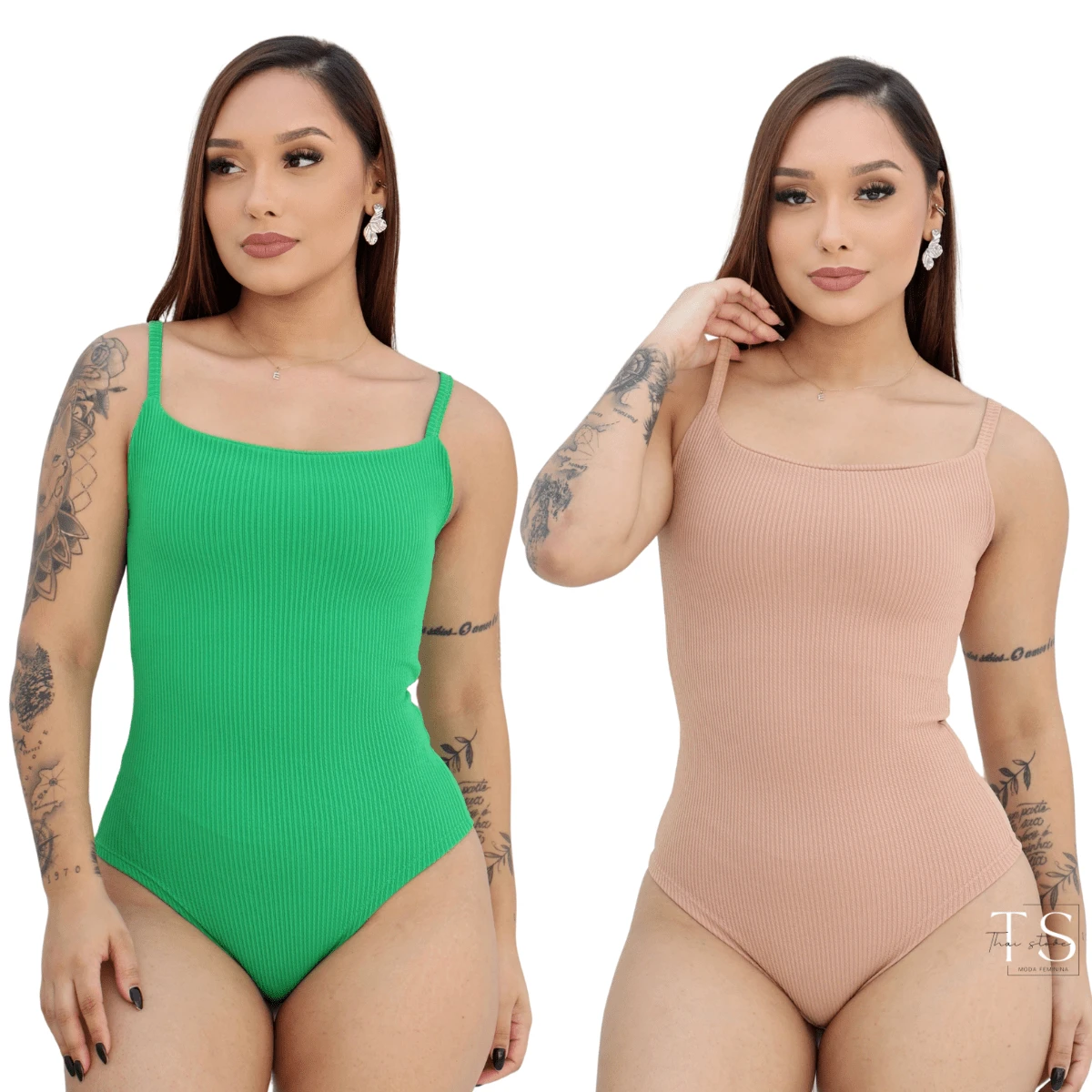 KIT 2 Women's Bodysuit With Thin Straps Premium Ribbed Terrycloth Straps - NUDE aND FLAG GREEN - View 1