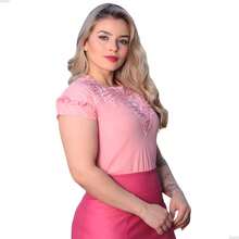 Women's Short Sleeve Formal Blouse, Evangelical Fashion, Lace, Rhinestones - Màu hồng gỉ - Xem 5