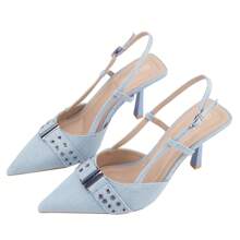 BELOVELY[ORDER-50]Denim Slingback Heel Sandals Closed Pointed Toe Strappy Heels Pumps Ankle Buckle Stiletto Shoes For Women - DENIM ÁNH SÁNG - Xem 5
