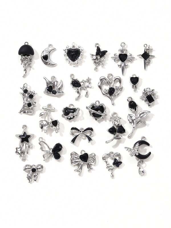 5/10/20pcs Random Y2K Black Series Rhinestone DIY Accessories Moon, Heart, Butterfly Decors Suitable For Earrings, Necklaces, Keychains, Pendants