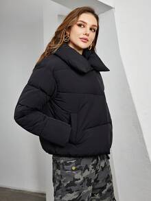 女士冬季休闲纯色翻领长袖短款棉衣 - 黑色 - 查看 6