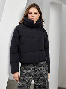 女士冬季休闲纯色翻领长袖短款棉衣 - 黑色 - 查看 7