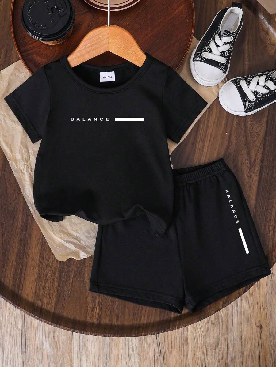 Baby Boy Summer Casual Set Round Neck Short Sleeves Tops - 黑色 - 查看 1