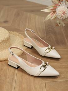 Women's New Fashion Comfortable Elegant Pointed Toe Backless Strap Chunky Heel Slip-On Pumps, Suitable To Wear With Dresses, Slimming - Beige - View 4