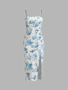 Floral Print Ruched Bodycon Slit Cami Dress, Elegant For Spring/Summer, Valentine's Day, Everyday Wear, Party - Blue and White - View 1