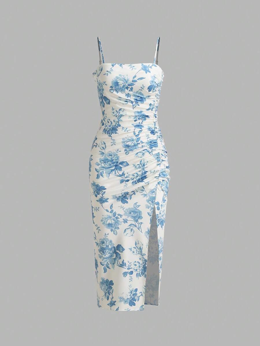 Floral Print Ruched Bodycon Slit Cami Dress, Elegant For Spring/Summer, Valentine's Day, Everyday Wear, Party - Blue and White - View 1