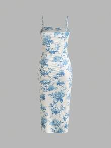 Floral Print Ruched Bodycon Slit Cami Dress, Elegant For Spring/Summer, Valentine's Day, Everyday Wear, Party - Blue and White - View 3