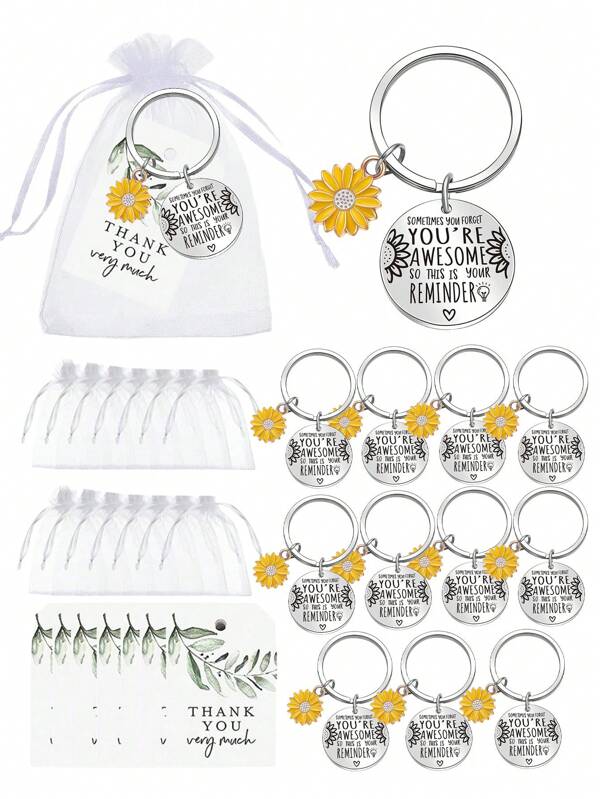 1pc/6pcs/12pcs/18pcs Inspirational Sunflower Keychain Gifts,Inspirational Sunflower You're Awesome Key Chain Gift Set,With Stainless Steel Key Chain,Green Leaf Thank You Card, White Organza Gift Bag,Sunflower Keyrings,Teacher Keyring