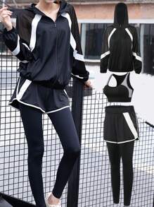 Bộ 3 trang phục thể thao đơn giản cho nữ, áo khoác thoáng khí, quần chạy bộ và áo ngực - màu đen - Xem 1