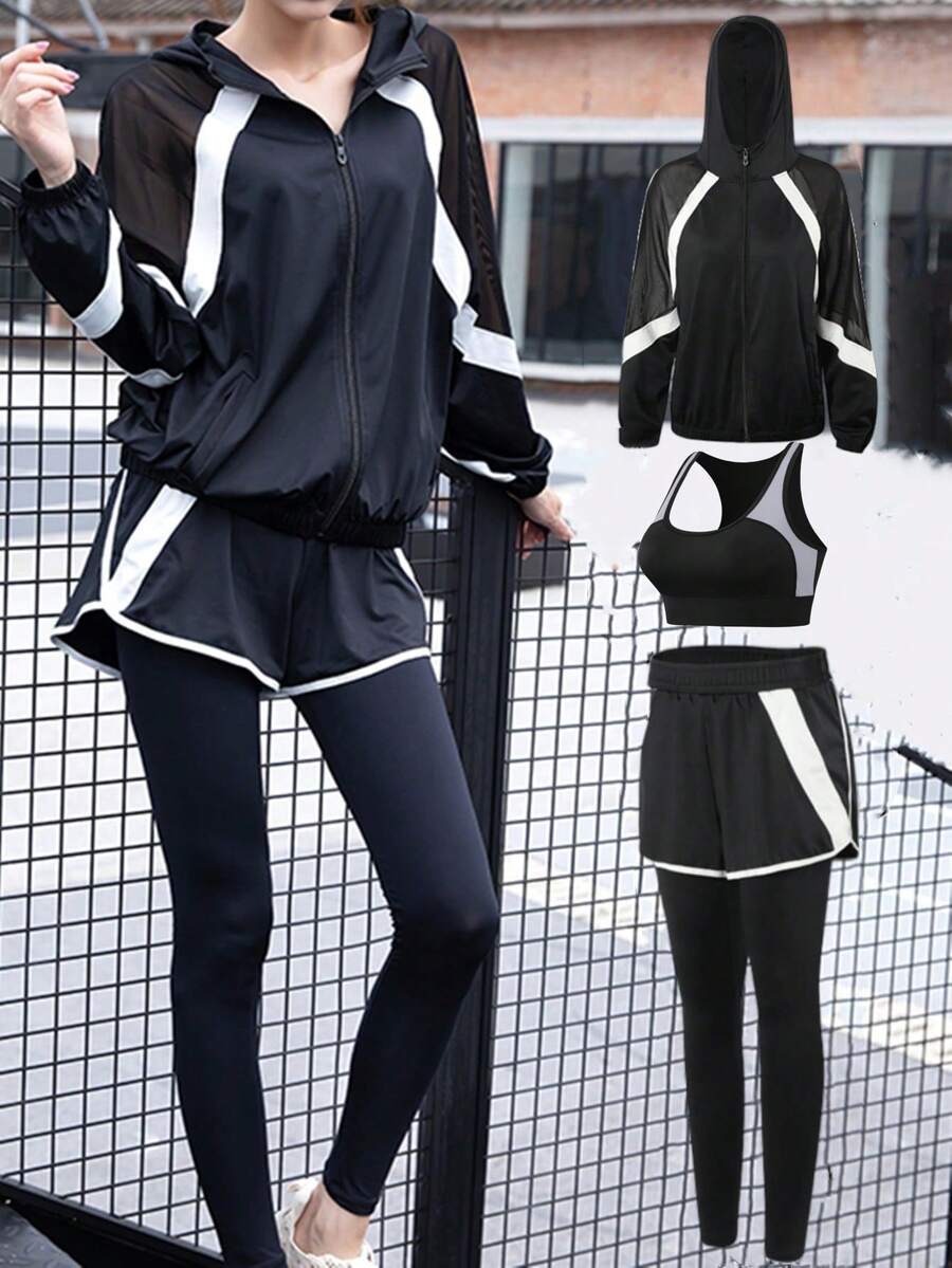 Bộ 3 trang phục thể thao đơn giản cho nữ, áo khoác thoáng khí, quần chạy bộ và áo ngực - màu đen - Xem 1