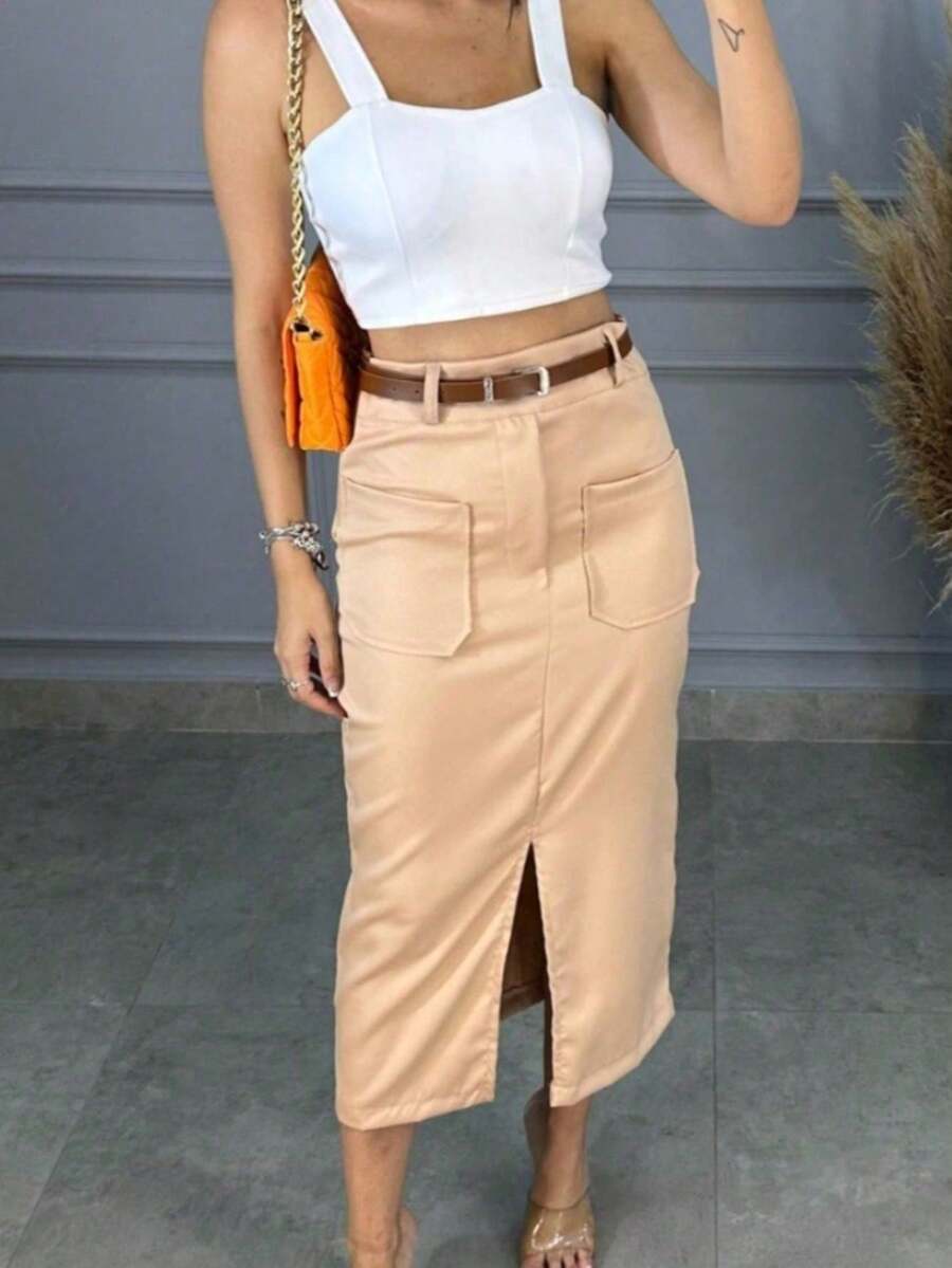 Midi Tailored Skirt With Plain Ring - Màu be - Xem 1