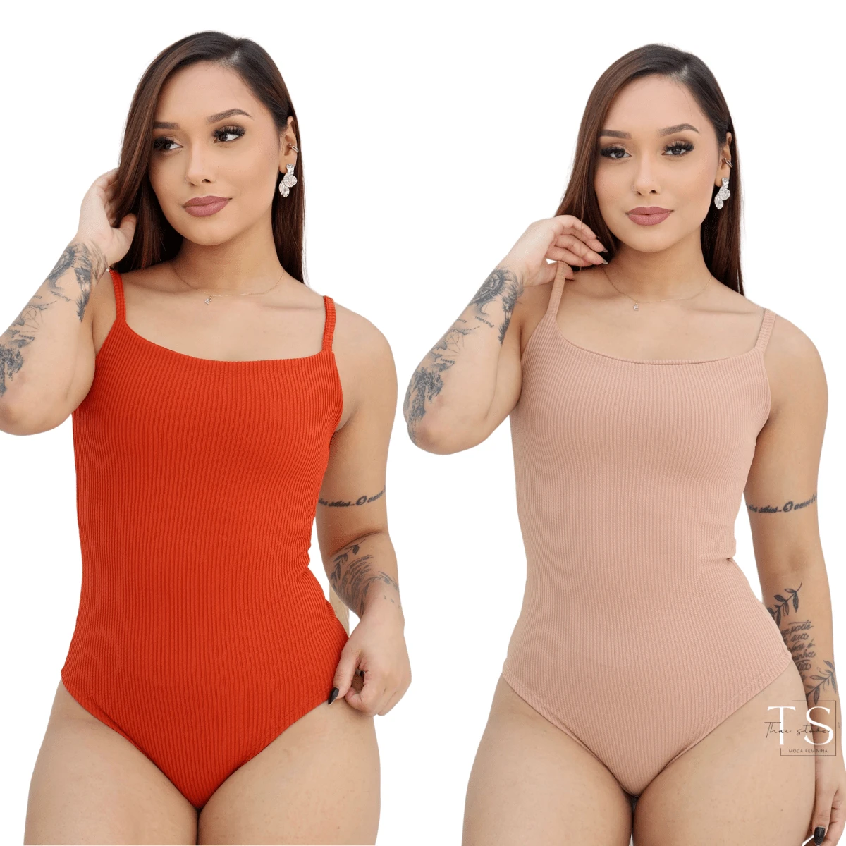 KIT 2 Women's Bodysuit With Thin Straps Premium Ribbed Terrycloth Straps - NUDE aND TERRACOTTA - View 1