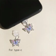 1pc Rhinestone Single Butterfly Mobile Phone Dust Plug - Anti-Fouling, Waterproof, Anti-Drop, Small And Cute, Durable, Alloy Manufacturing, Can Store Debris Decorative Electronic Accessories - Suitable For Headphones, Computer Type-C Interface. Compatible With Iphone Interfaces And Type-C Interfaces (Compatible With The Entire Compatible With Iphone 15 Series)