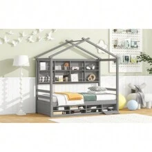 MISSUNNY Grey Twin House Bed,Roof Frame, Bedside Shelves, & Under-Bed Storage For A Cozy Retreat - 灰色 - 查看 4