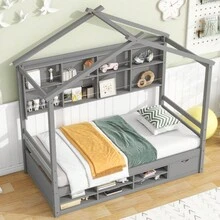 MISSUNNY Grey Twin House Bed,Roof Frame, Bedside Shelves, & Under-Bed Storage For A Cozy Retreat - 灰色 - 查看 7