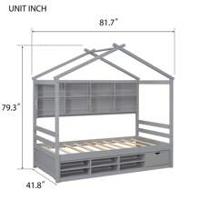 MISSUNNY Grey Twin House Bed,Roof Frame, Bedside Shelves, & Under-Bed Storage For A Cozy Retreat - 灰色 - 查看 5