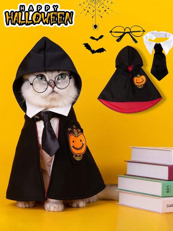 1 set Disfraz de mascota de Halloween, capa de mago, bata para gatos y perros pequeños, conjunto de disfraz